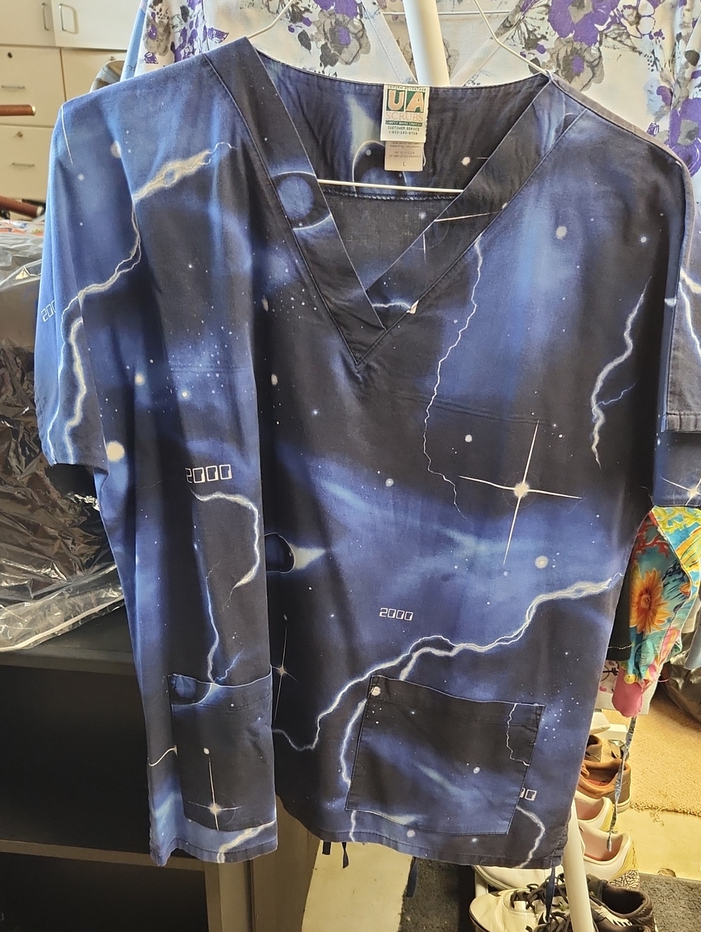 Womans Space Print Scrub Top - Navy/Blue